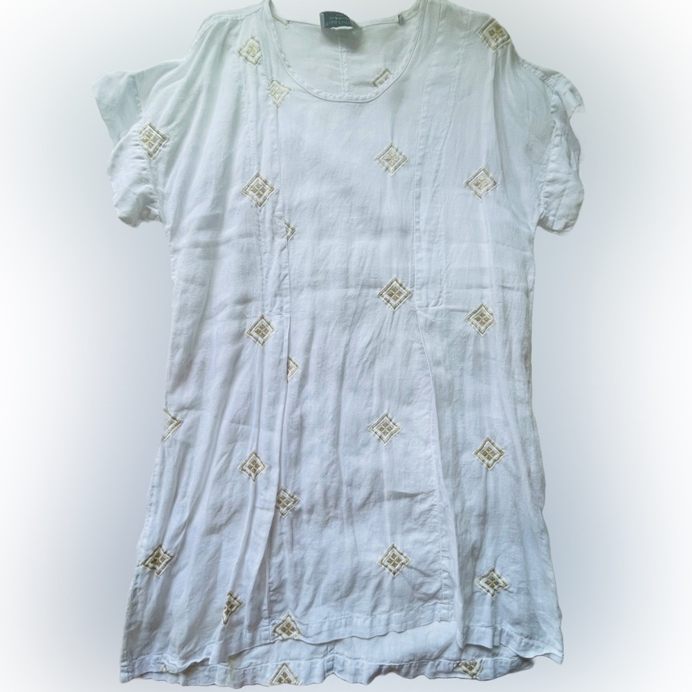 Crisp White Linen Dress with Gold Embroidery